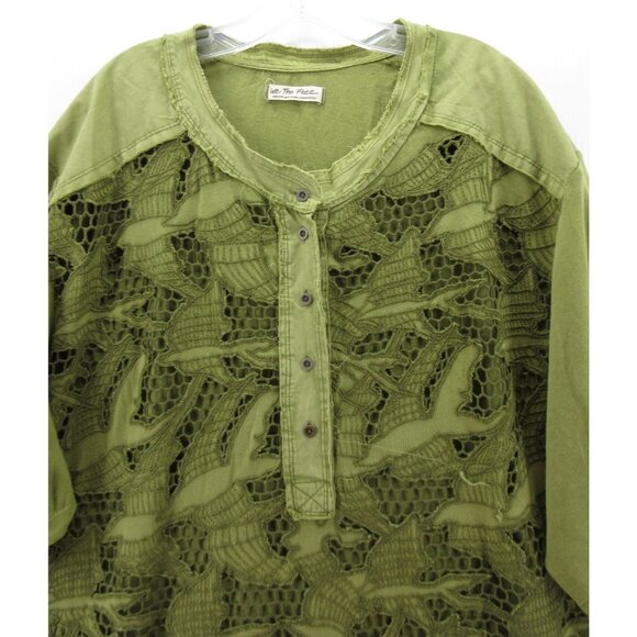 We The Free People Top Medium Henley Blouse Crochet Lace Boho Sheer - Picture 2 of 11